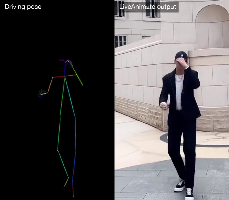 LiveAnimate driving pose and generated dancer side by side